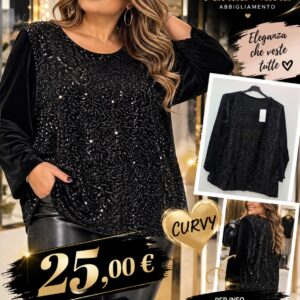 Maglia nera curvy con dettagli luminosi e maniche lunghe, taglia unica, Perle Nere