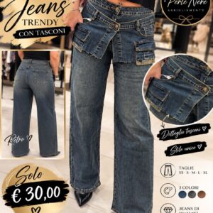 Jeans blu Perle Nere a gamba ampia con tasconi sul davanti, vista davanti e dietro
