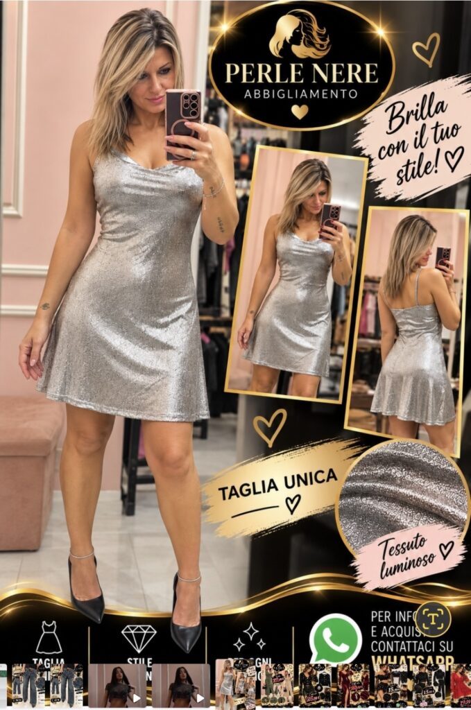 Abito corto argento Perle Nere con spalline sottili e tessuto luminoso