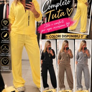 Completo tuta Perle Nere con cappuccio e pantaloni ampi, taglia unica, giallo, nero, fango e grigio