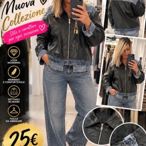 Giacca nera effetto pelle con dettagli in denim blu e zip, taglia unica, Perle Nere