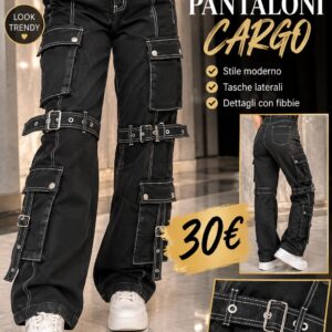 Pantaloni cargo neri H2801 con tasche laterali, fibbie e cuciture a contrasto, Perle Nere
