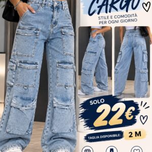 Jeans cargo azzurri N2230 a gamba ampia con tasche multiple, taglia M, prezzo 22 euro