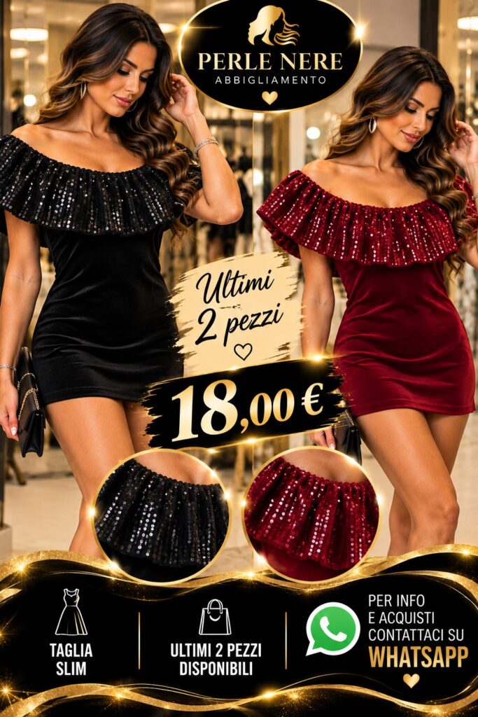 Abito corto con volant di paillettes – Nero e bordeaux