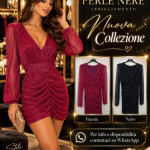 Abito luminoso drappeggiato fucsia e nero, taglia unica