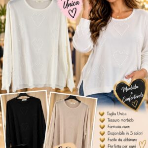 Maglia Perle Nere con cuori in rilievo, scollo rotondo e maniche lunghe, taglia unica