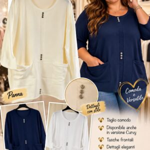 Maglia Curvy Perle Nere con tasche frontali e bottoni gioiello, taglia unica, panna, bianca e blu