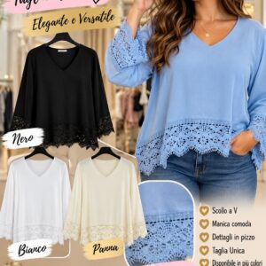 Maglia Perle Nere con scollo a V e dettagli in pizzo, taglia unica, in azzurro, nero, bianco e beige