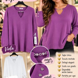 Maglia Perle Nere con scollo gioiello e bottoni a cuore sui polsini, taglia unica, disponibile anche bianca